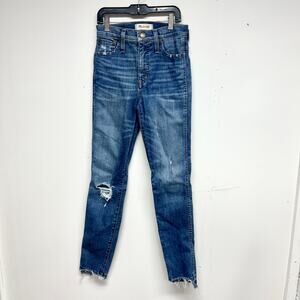 MADEWELL Women 10" High Rise Raw Hem Dark Wash Distressed Skinny Jeans 23